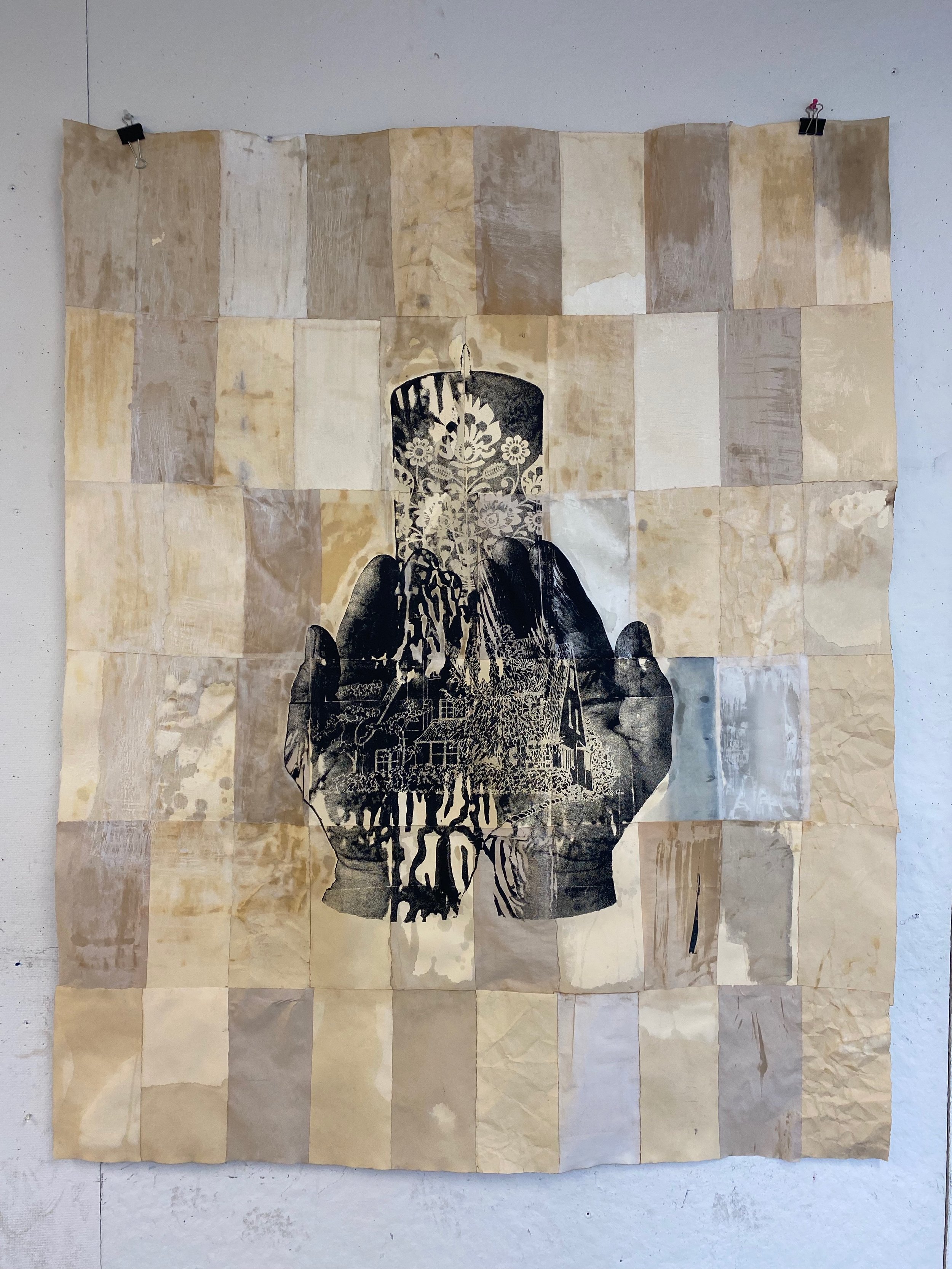 "Gromnica" - Alex Anthes - Candle Wax, Coffee, Found Paper, Silkscreen - 4.75ft x 3 ft