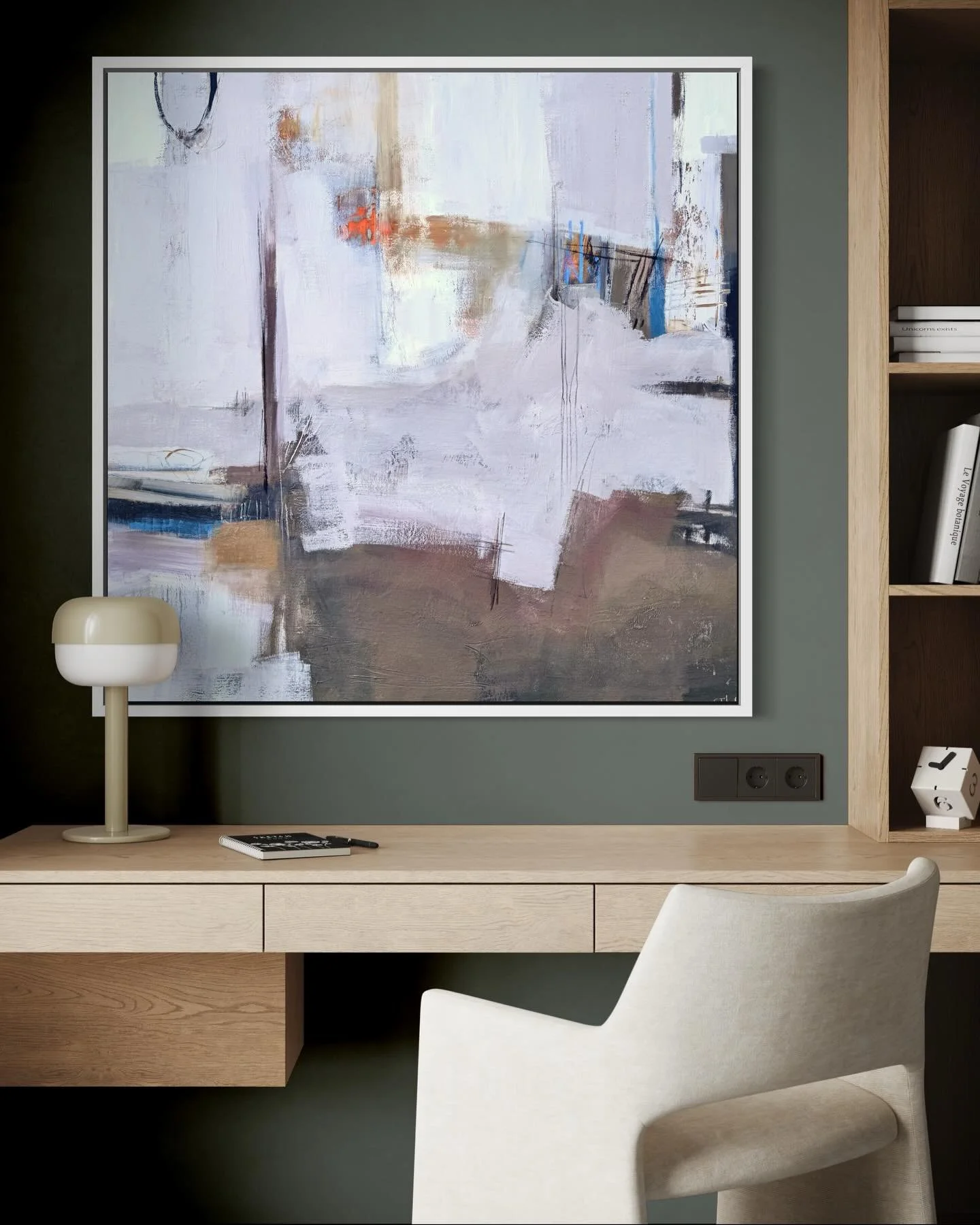 Rooms on fire &hellip;..as Stevie Nicks beautifully sings

There is a painting for every room  and a room for every painting 

This predominantly neutral abstract with pops of colour will sit very well in all interiors but I do love the orange chair 