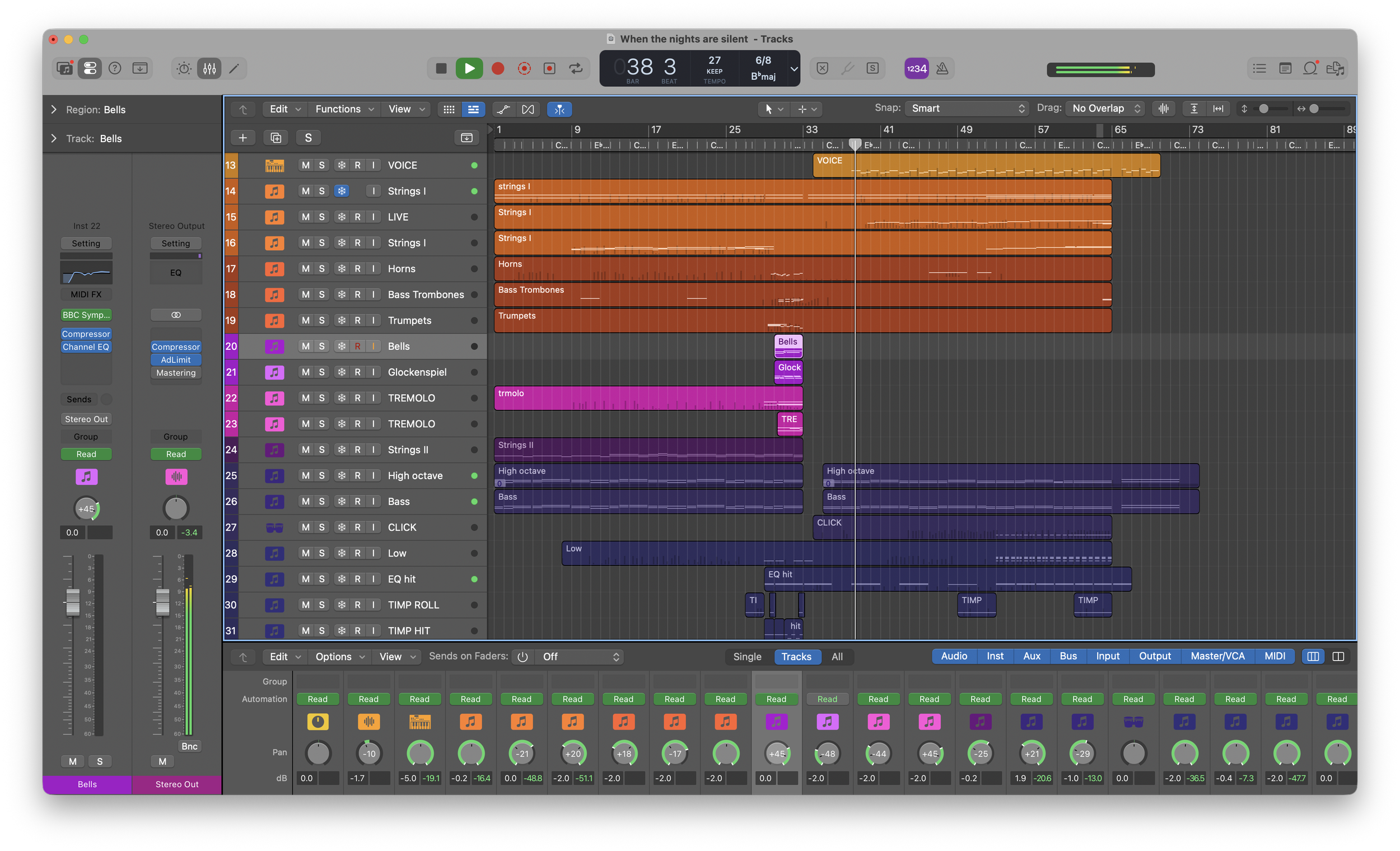 Screenshot of music production software with tracks labeled 'Bells,' 'Strings I,' 'LIVE,' 'Horns,' 'Bass Trombones,' 'Trumpets,' and others, showing various audio and MIDI channels, controls, and effects.