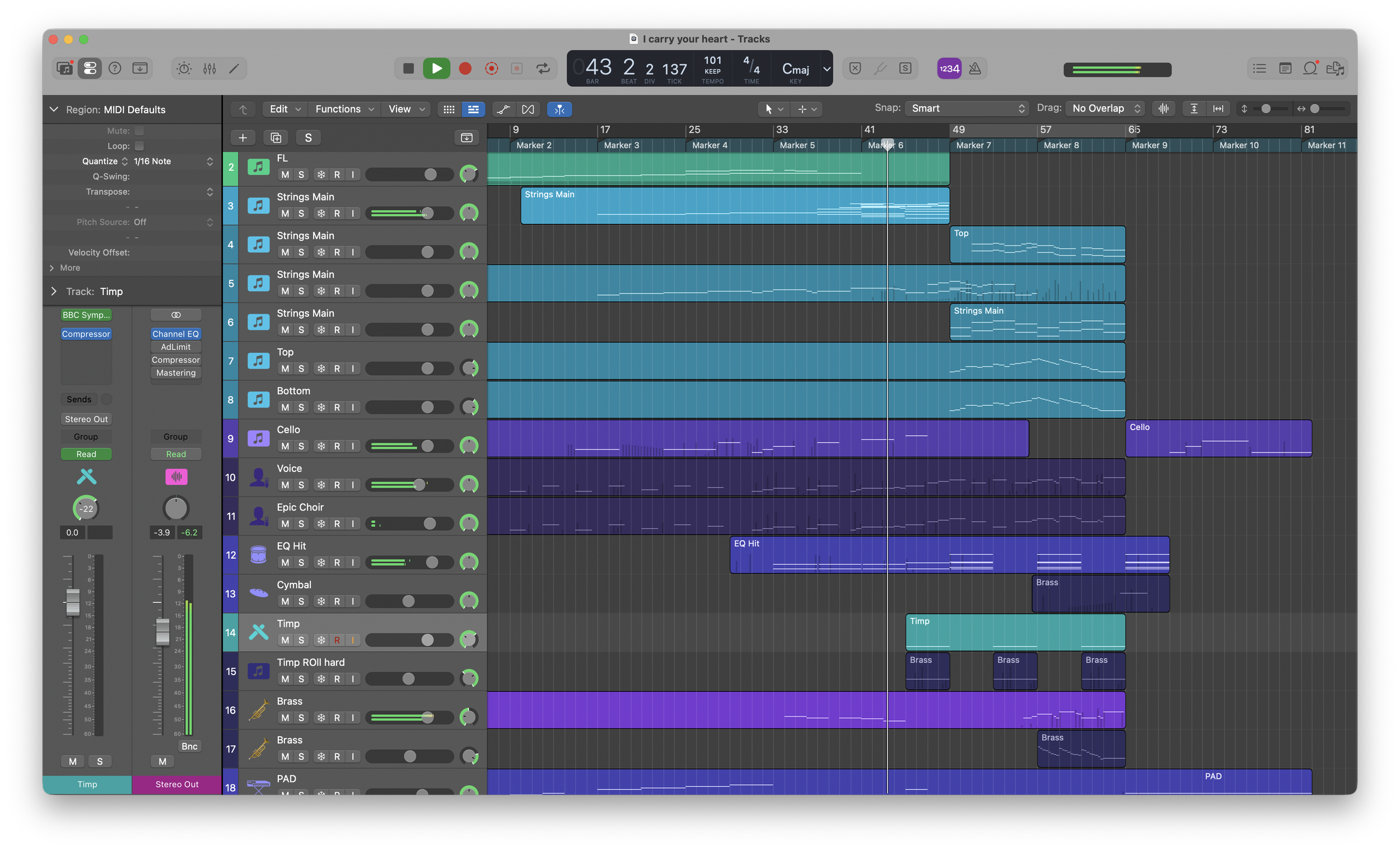 Screenshot of music production software displaying multiple tracks and audio controls with a timeline at the top.