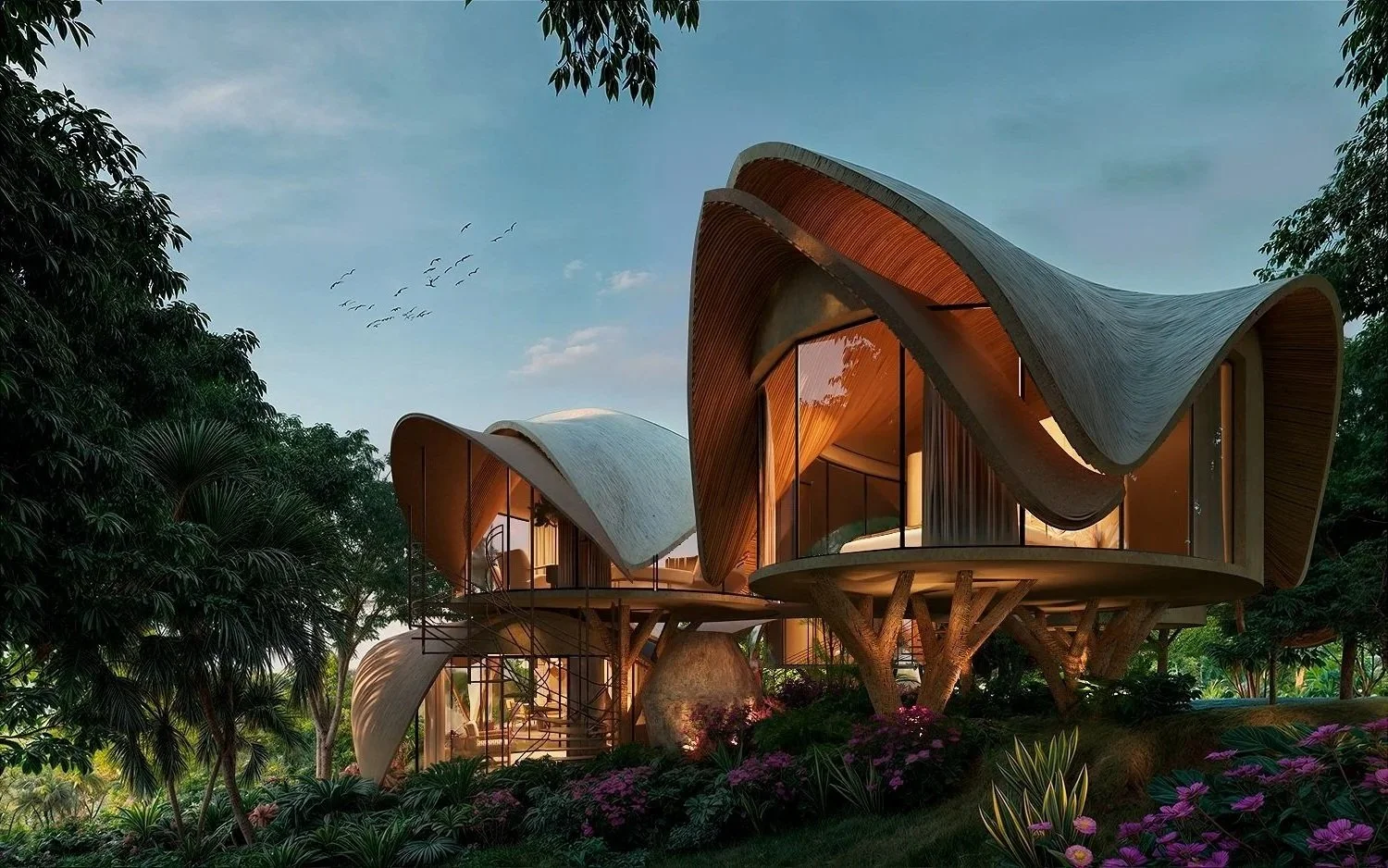 Futuristic house with flowing roof design, large glass windows, and elevated supports, set in a lush garden at dusk.