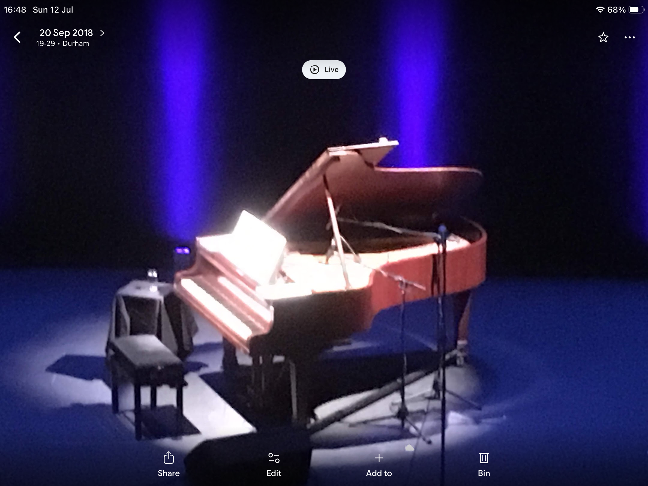 Rick Wakeman's grand piano on stage at the Gala Theatre
