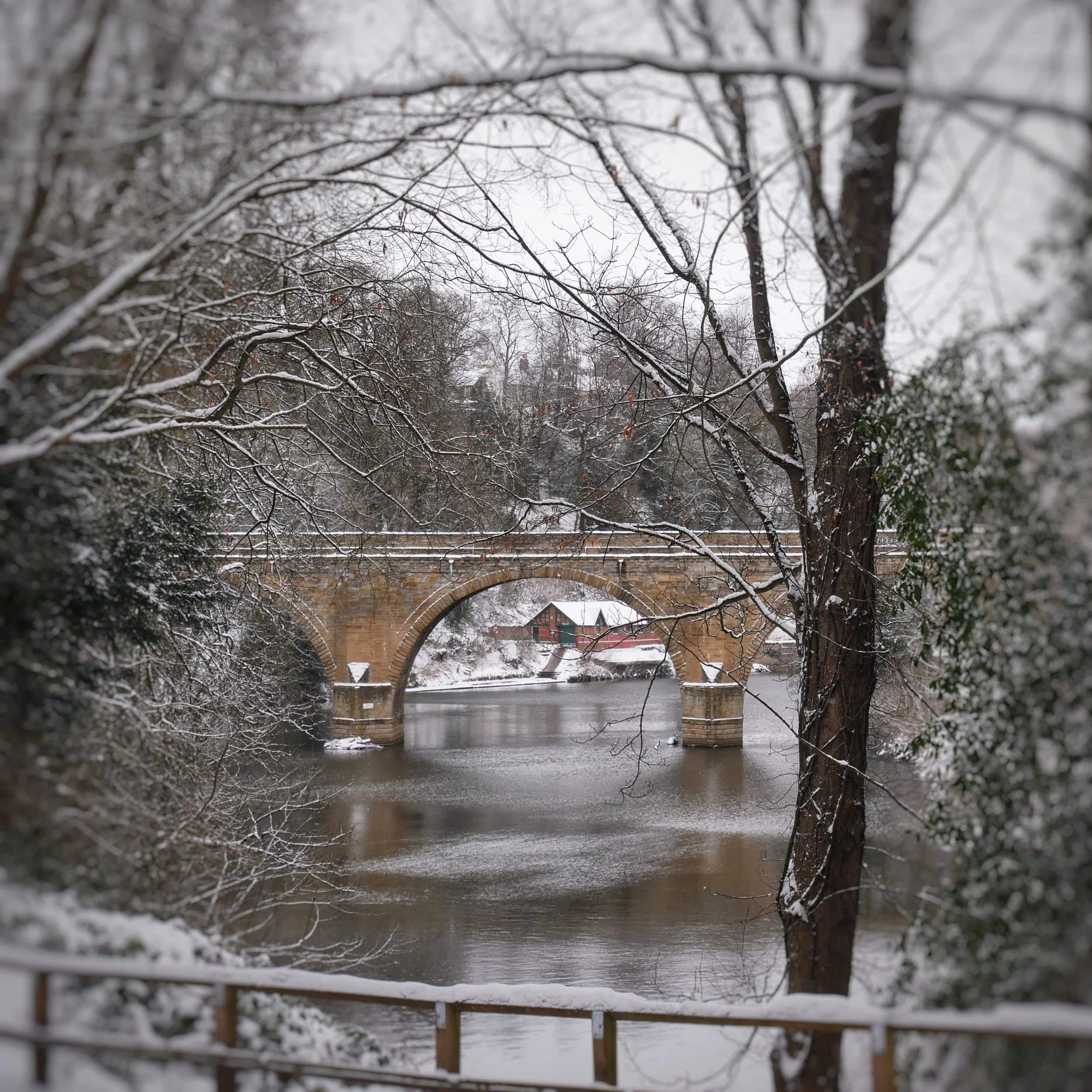 A snowy view of the river and prebends bridge