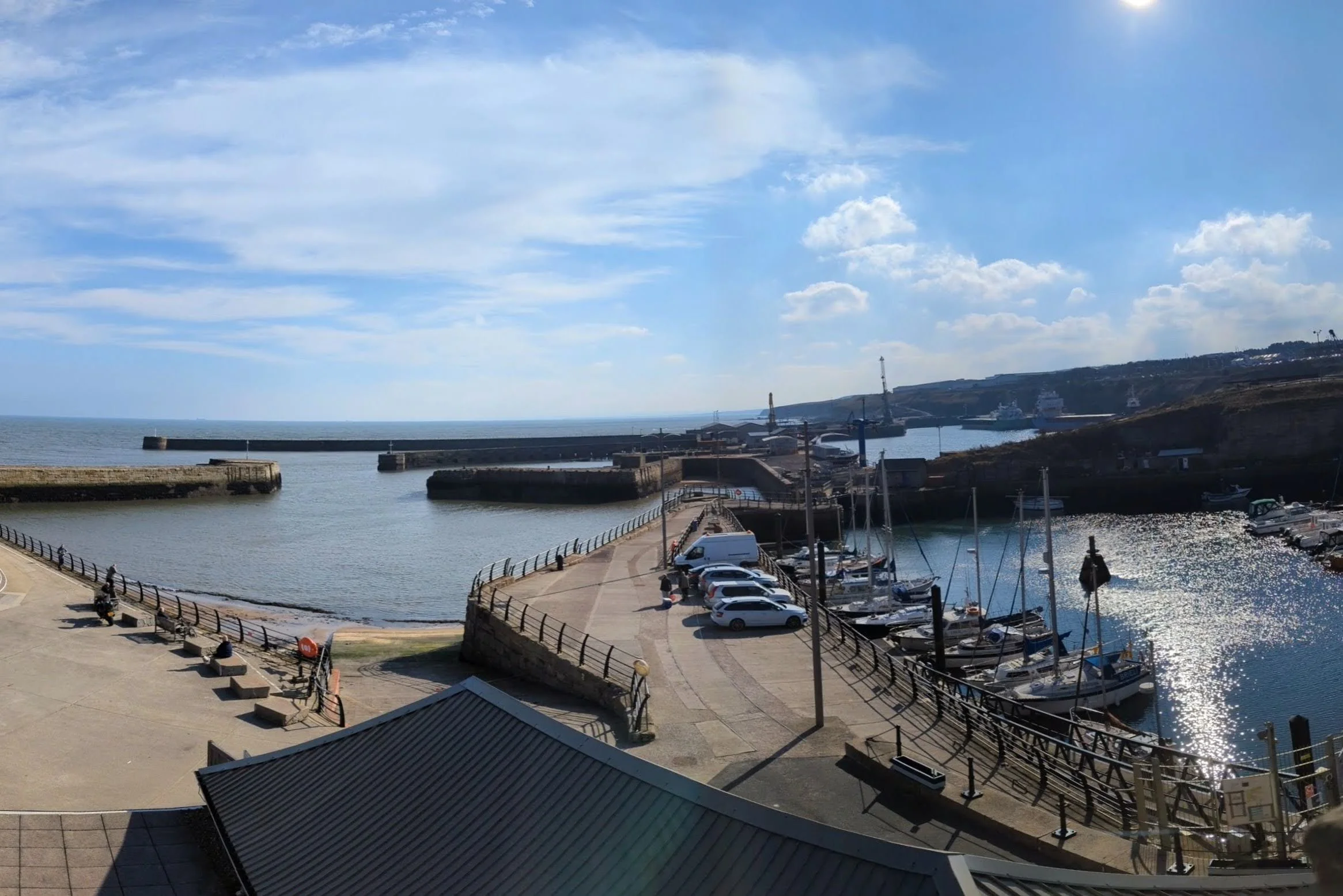 A  view across the inner and outer harbours at Seaham, with the commercial harbour in the background
