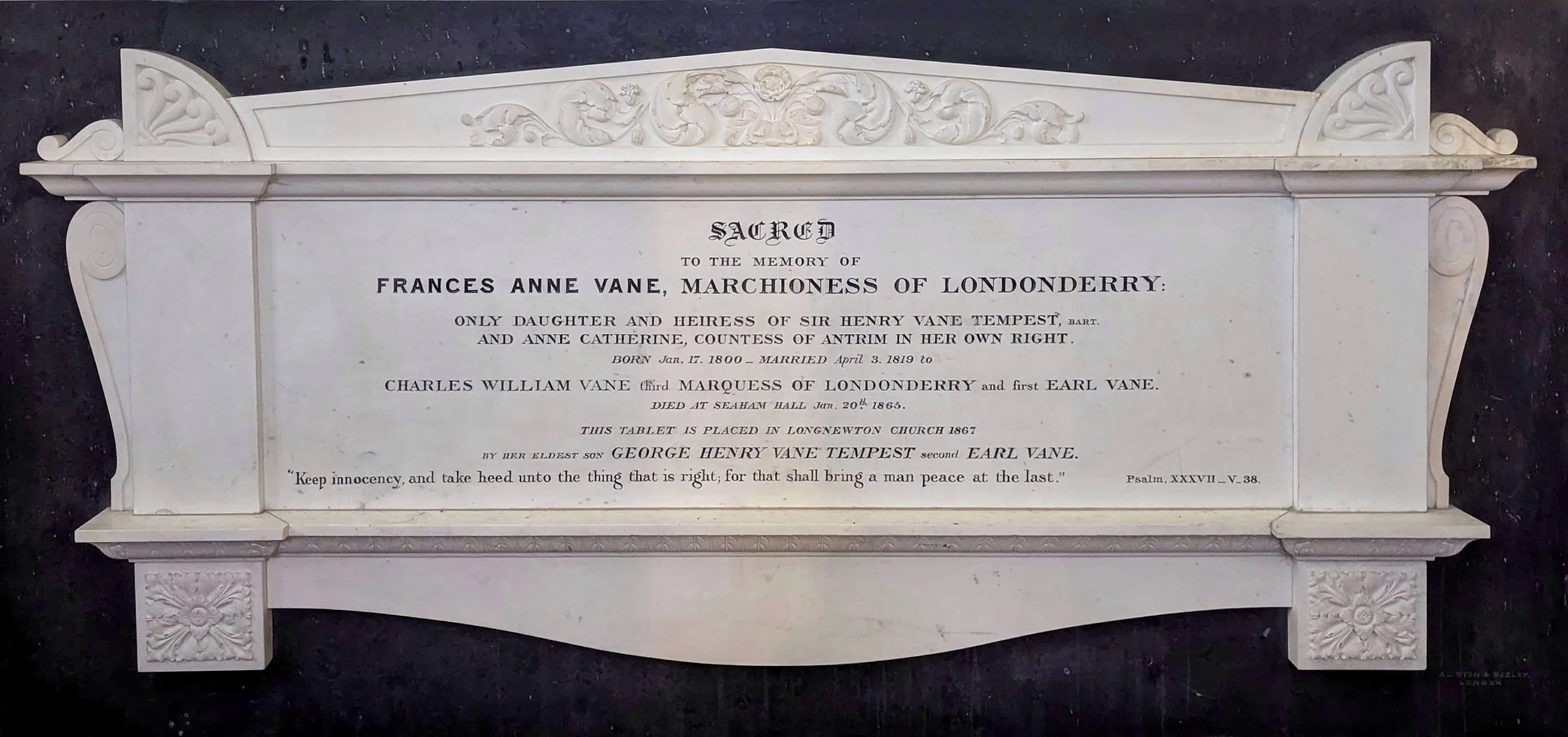The memorial stone for Frances Anne Vane in St Mary's church, Long Newton