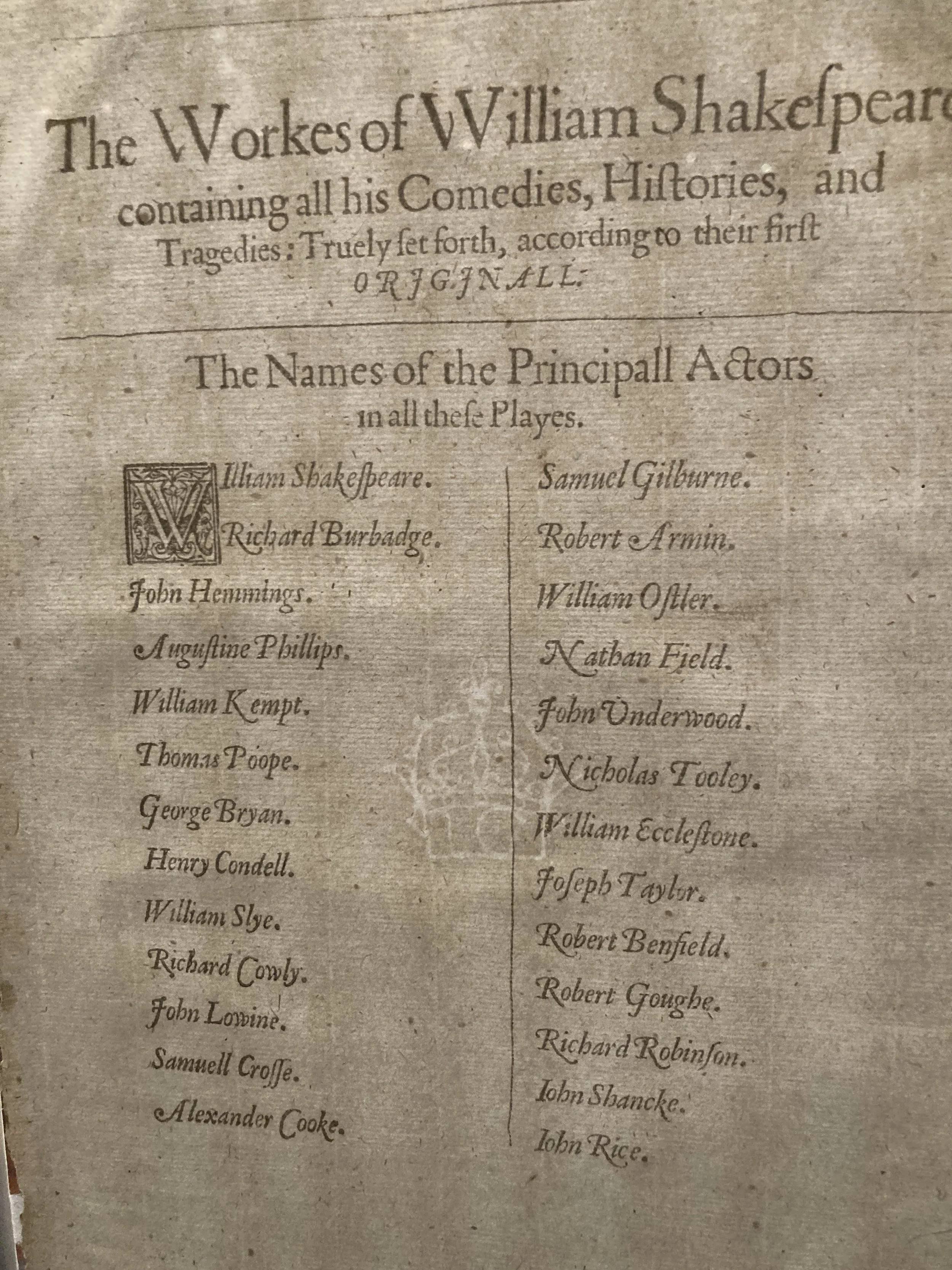 Image of front page of Shakespeare's folio