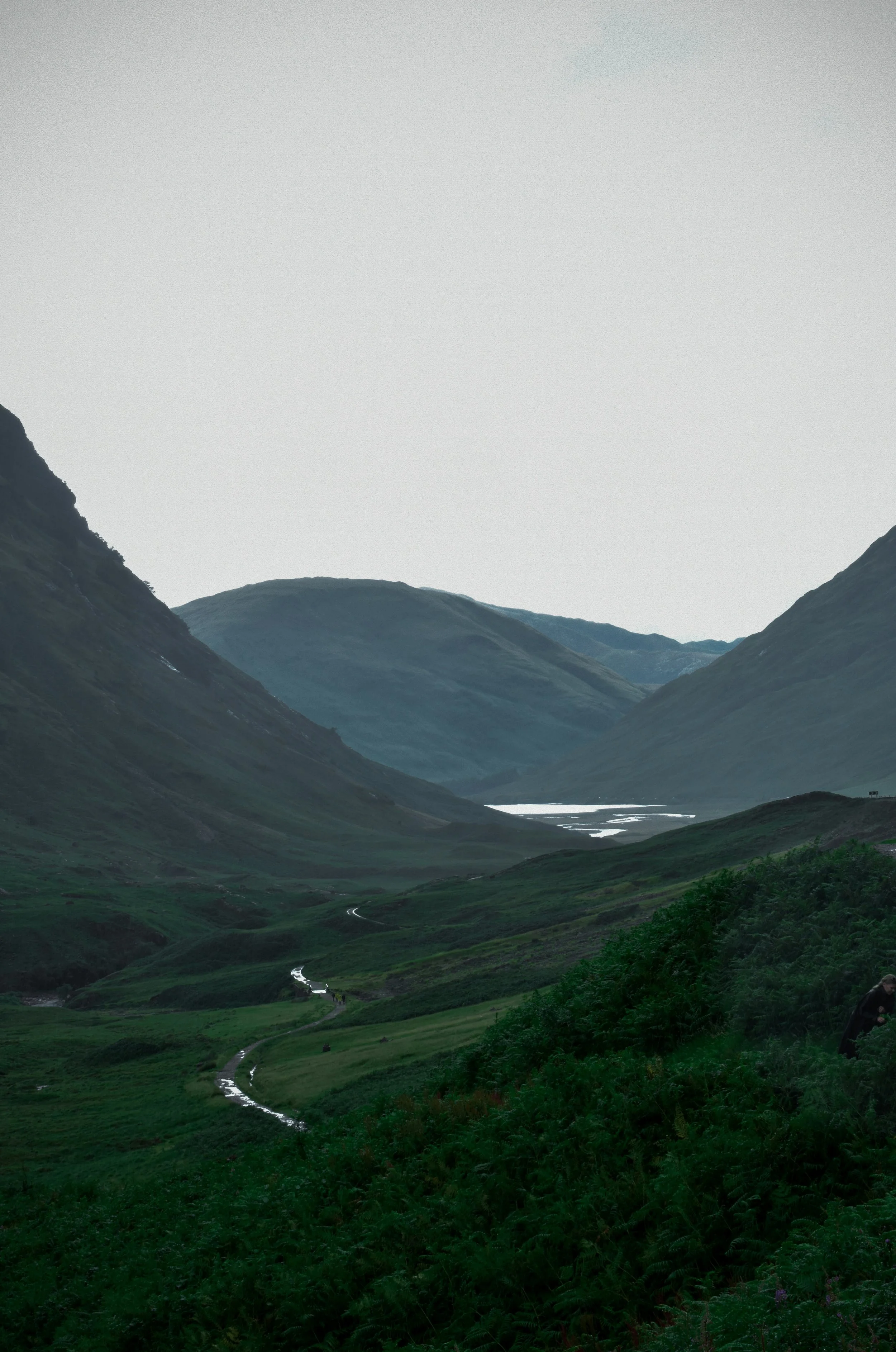 A scenic mountain valley with green hills, a winding river, and distant lake under an overcast sky.