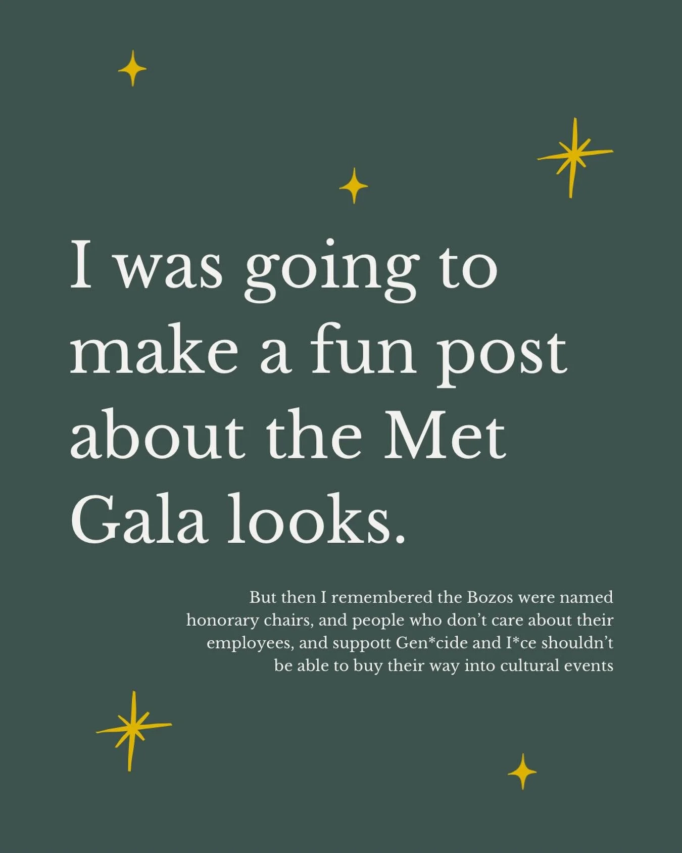 Yes I spelled that correctly. Among other issues (like tickets being $100,000 and this gala only being for the ultra-rich) this is a big no for me.