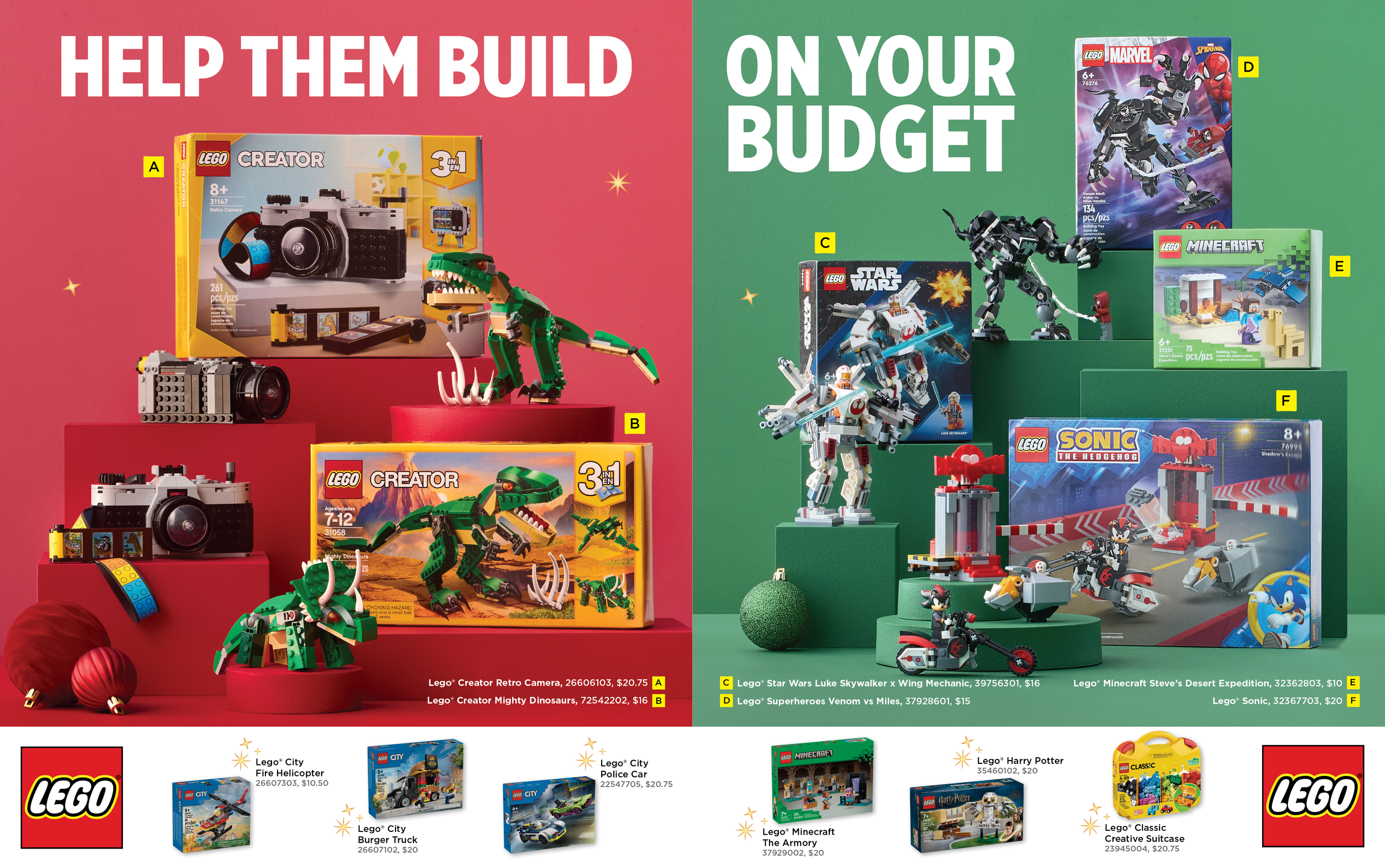 holiday 2024 toy book spread with lego boxes on a red background and lego boxes on a green background with products on white underneath