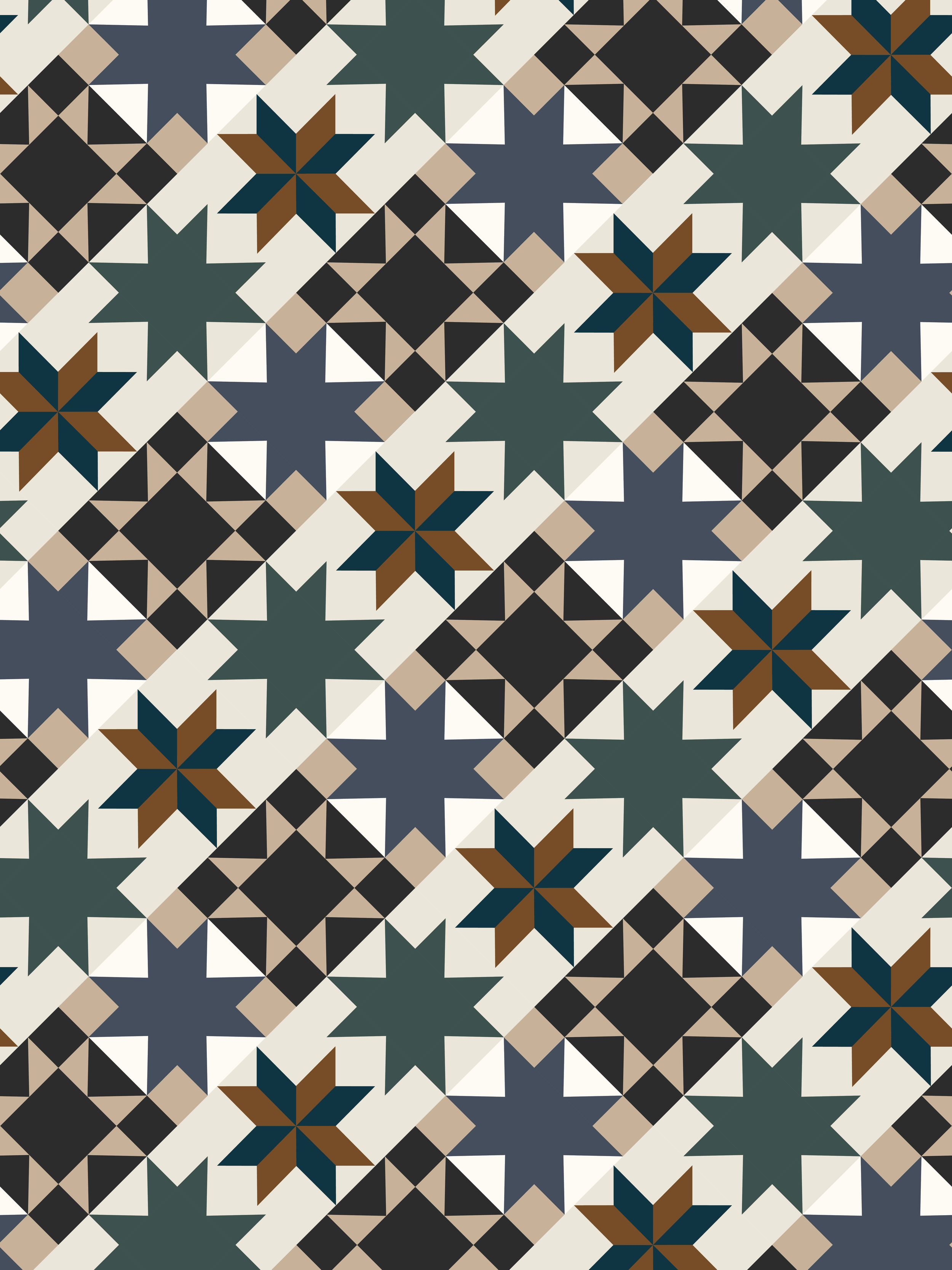Geometric quilt pattern of stars and diamonds in shades of beige, black, dark blue, and brown.