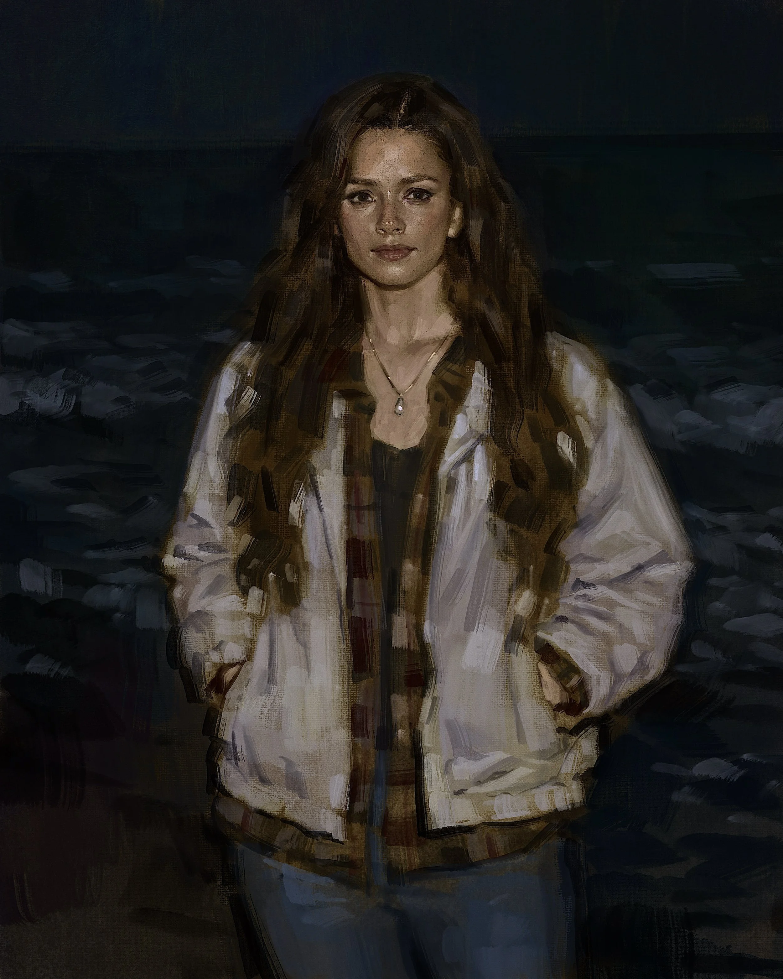 Book Character Art of Emelia Green, a woman with long brown hair standing in front of a dark sea at night, wearing a beige jacket over a dark top, with her hands in her jacket pockets.