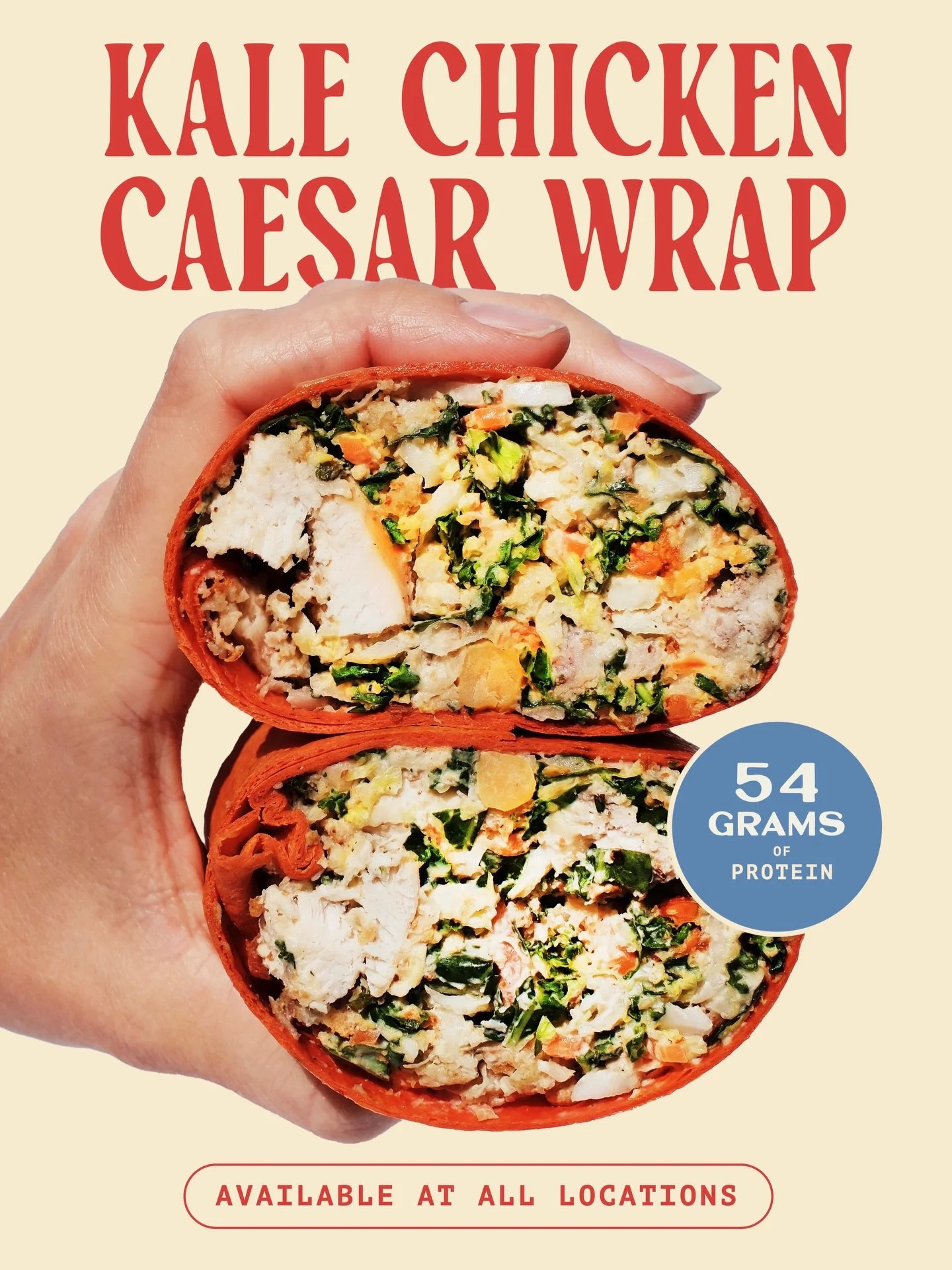 All Wraps 🤝 All Locations

Say hello to the new Kale Chicken Caesar Wrap! Made with chopped kale and napa cabbage, roasted chicken breast, garlic lemon marinated chickpeas, carrots, cashew &ldquo;parm&rdquo;, golden raisins and focaccia croutons 🥬?