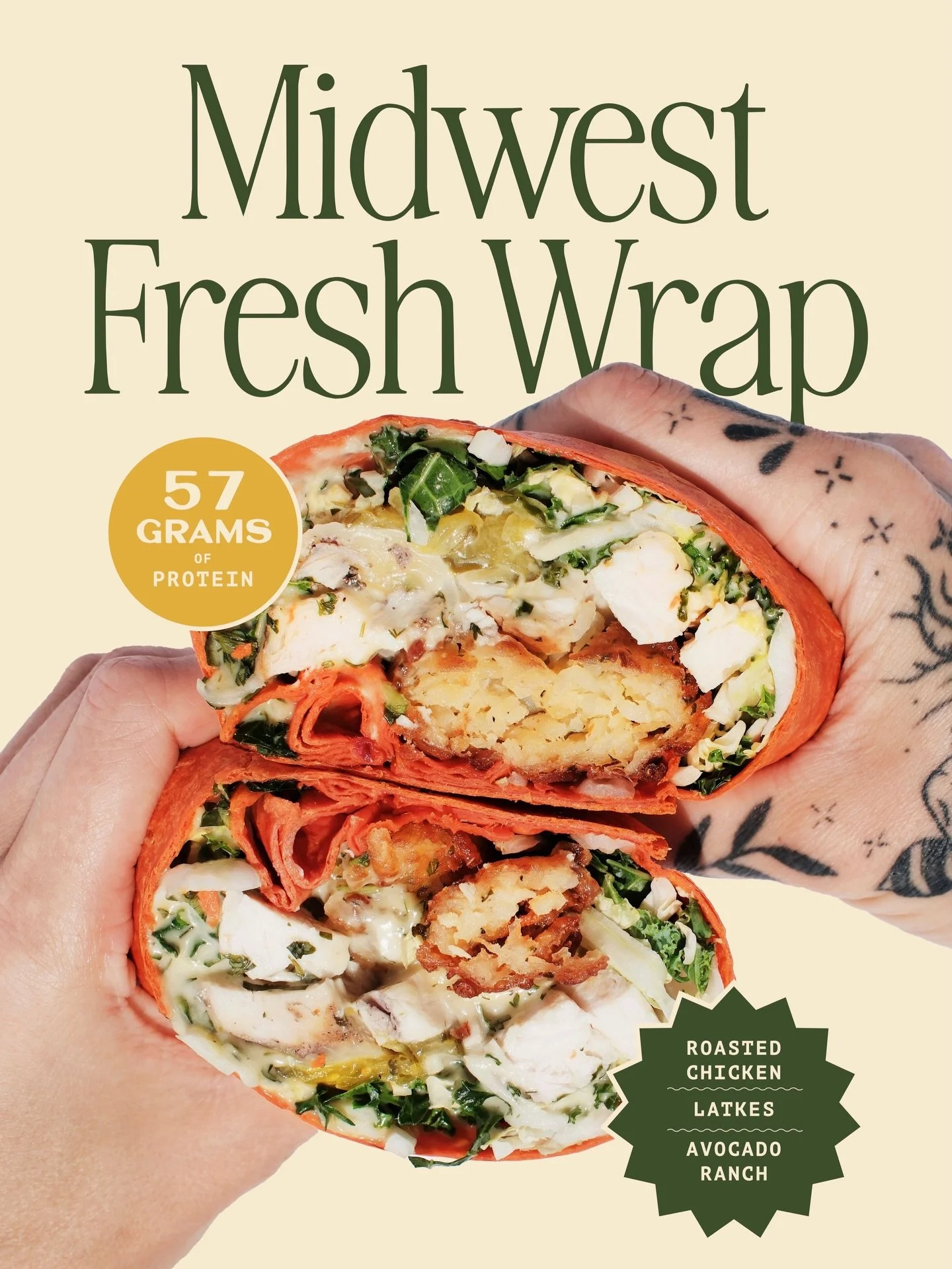 All Wraps 🤝 All Locations

Meet the Midwest Fresh Wrap! Hearty midwestern flavors made the Alchemy way (fresh af). With roasted chicken breast, our signature scratch-made potato latkes, havarti cheese, chopped kale and pickles in our vegan ranch dre