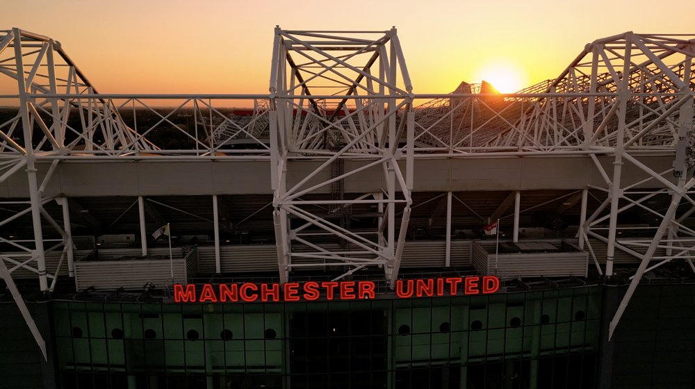 Buy For Sale Manchester United Old Trafford Stadium sunset roof view Stock Video Footage