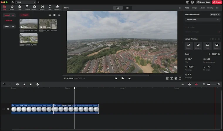 DJI Studio app screenshot while editing DJI Avata 360 footage