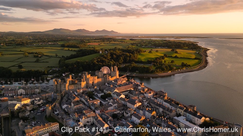 Caernarfon Castle drone stock video footage