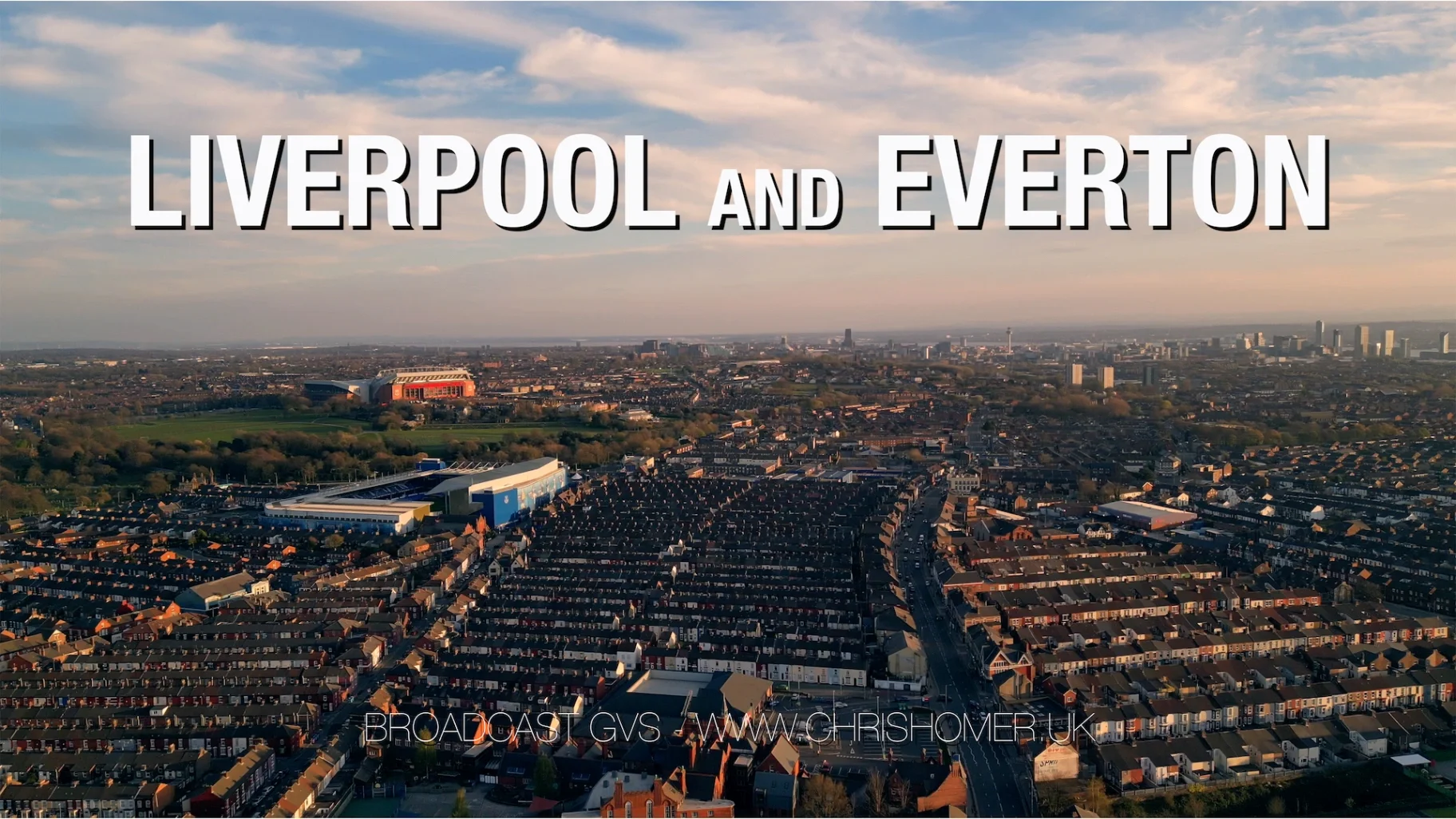 Anfield and Goodison and Bramley Moore / Hill Dickinson Stadium drone stock video footage for licensing in 4K with no extra fees