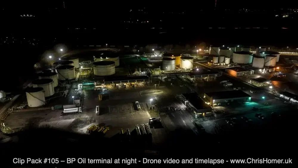 Clip Pack #105 – BP (Kingsbury) Oil Terminal at Night Drone Video & Timelapse Stock Footage