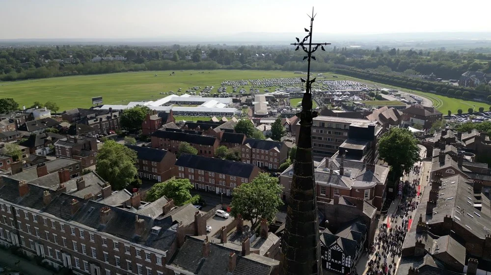 Church drone and Chester racecourse stock video footage