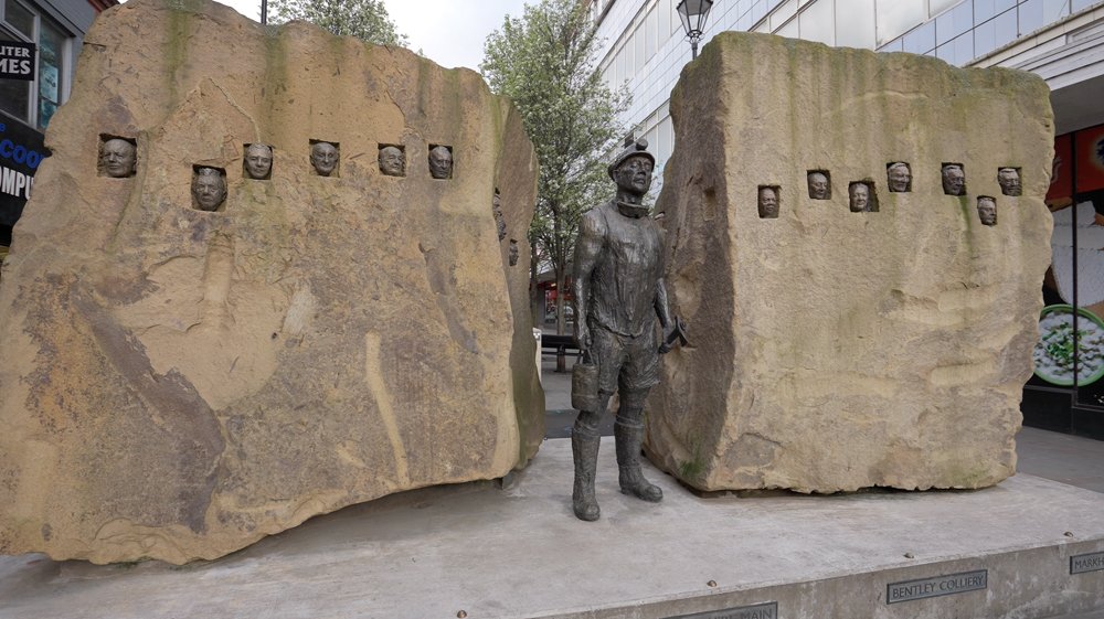 Coal minining memorial statue in Doncaster stock video footage