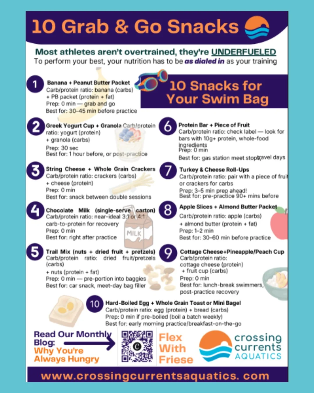 🥪 10 Grab &amp; Go Snacks for Your Swim Bag

Ever notice your swimmer is starving right after practice? You're not alone &mdash; most athletes aren't overtrained, they're underfueled. 🏊&zwj;♀️

We put together 10 easy, swim-bag-friendly snacks with