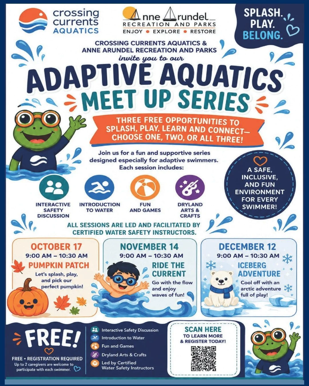 Introducing: The Adaptive Aquatics Meet Up Series 💙🐸

Crossing Currents Aquatics has teamed up with Anne Arundel Recreation and Parks for something special &mdash; three FREE opportunities to splash, play, learn, and connect, designed especially fo