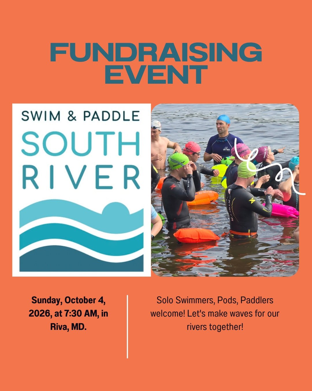 This isn't a race - it's a river full of community.

Swim &amp; Paddle the South River is untimed and beginner-friendly, with swimmers organized into 2-4-person pods alongside dedicated support boats. Every registration supports Arundel Rivers Federa
