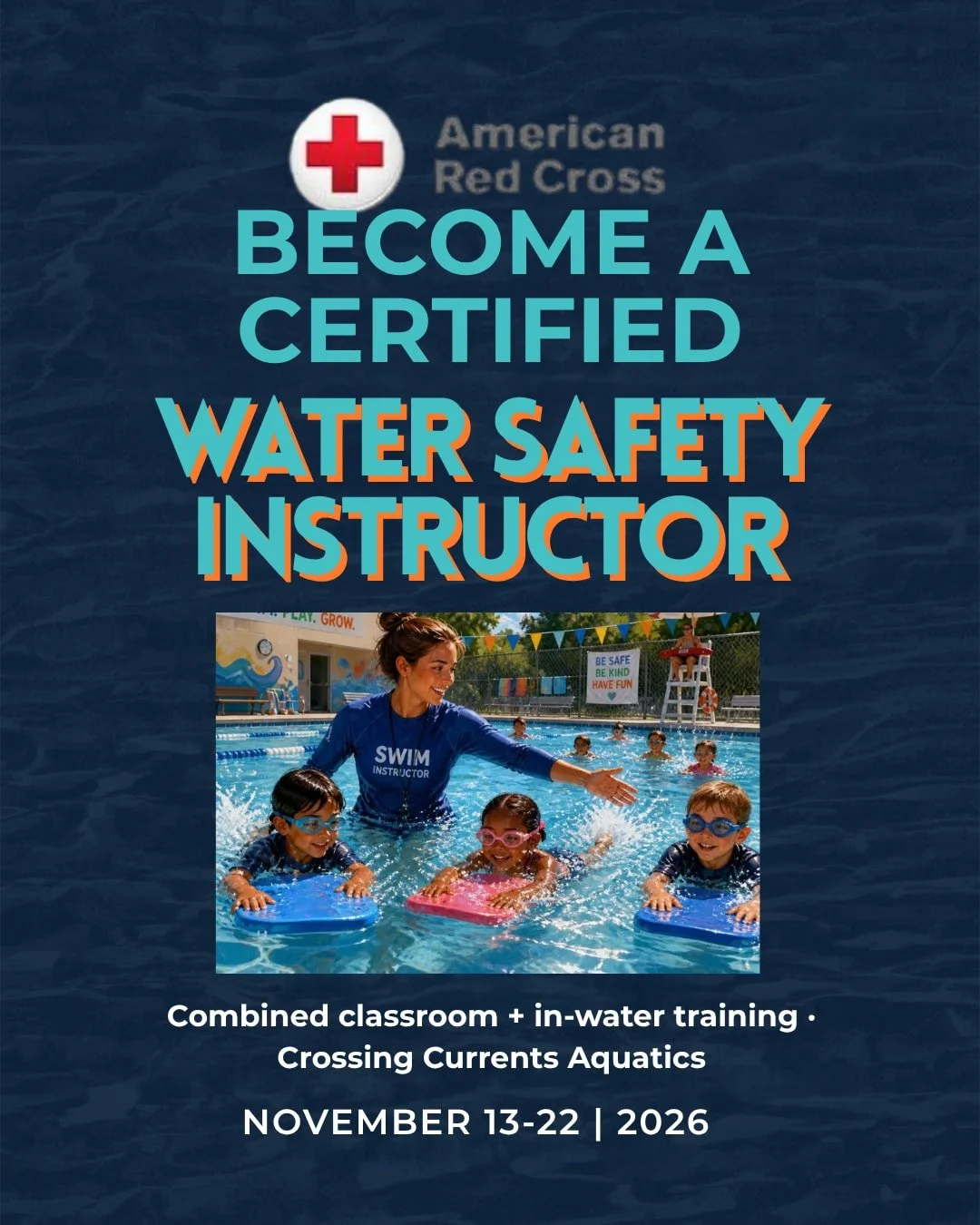 Ready to become a certified Water Safety Instructor? 

Crossing Currents Aquatics is hosting the American Red Cross WSI course, November 13-22, 2026! 

This is the highest level of instructor certification available - combined classroom and in-water 