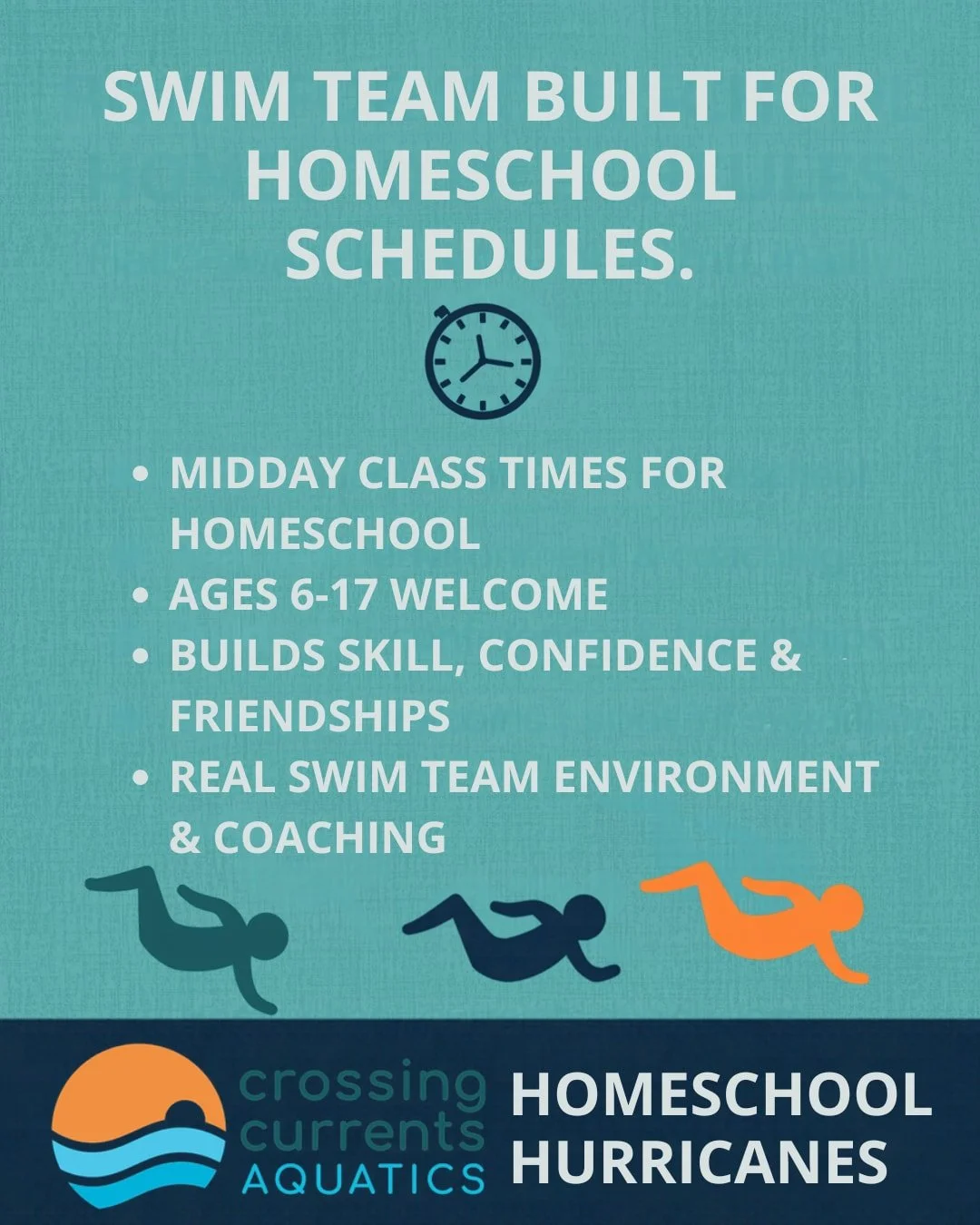 Built for homeschool schedules. 

Homeschool Hurricanes gives your swimmer a real team environment, coaching, and a midday class time that actually works around homeschool life. Ages 6-17, Fall B starts the week of October 19 at AOSC or NAAC - pick t