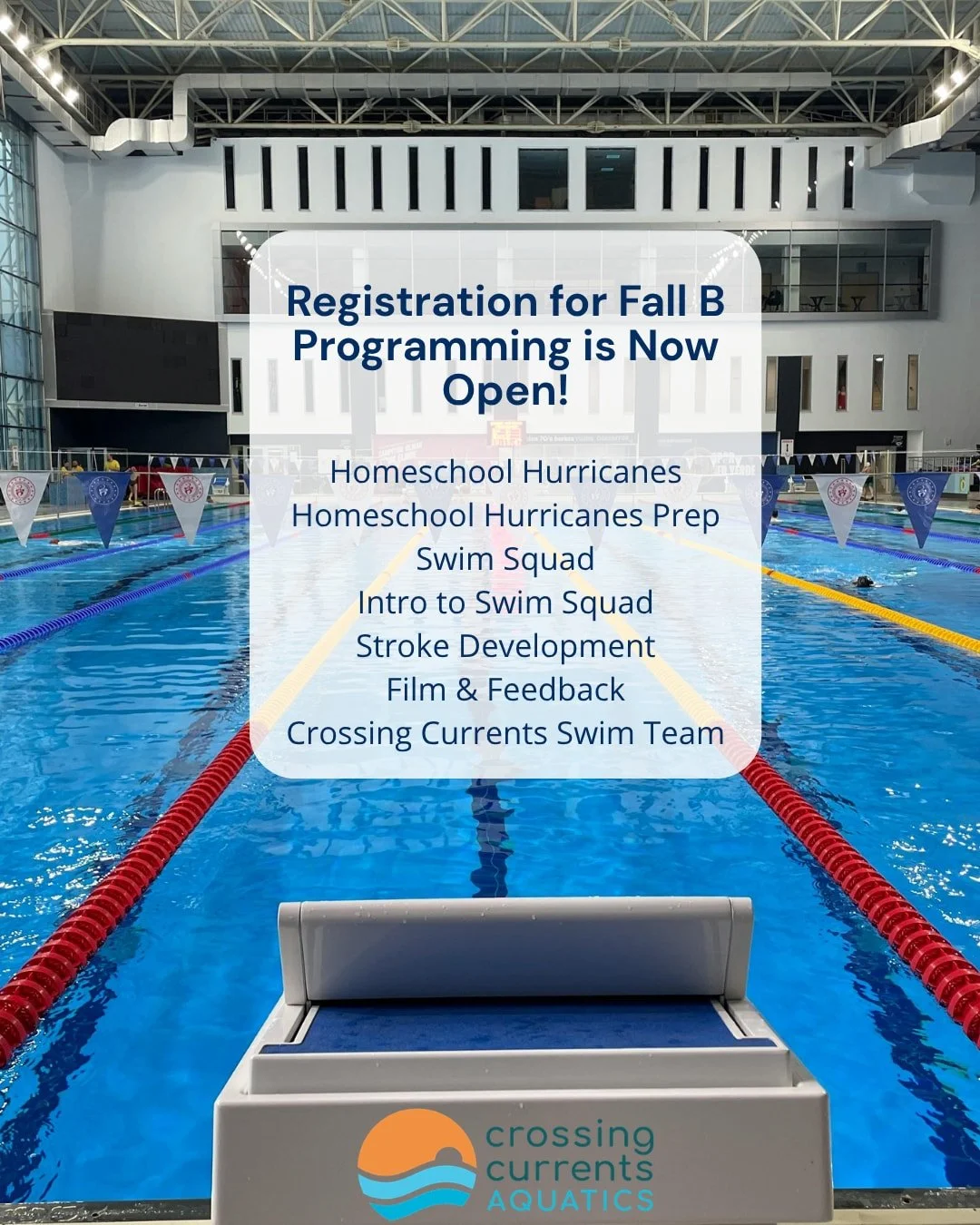 🌊 Fall B registration is NOW OPEN! 🌊
Whether your swimmer is just getting started or chasing their next best time, there&rsquo;s a spot for them in Fall B:

🌀 Homeschool Hurricanes
🌀 Homeschool Hurricanes Prep
🏊 Swim Squad
🏊 Intro to Swim Squad