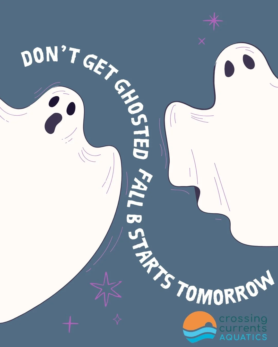 Don't let Fall B registration ghost you! 👻

Fall B Programs begin tomorrow! If your swimmer wants to keep building on this season, now's the time. https://crossingcurrentsaquatics.captyn.com/find?status=upcoming&amp;type=group

🎃🏊

#Ghosted #SwimT