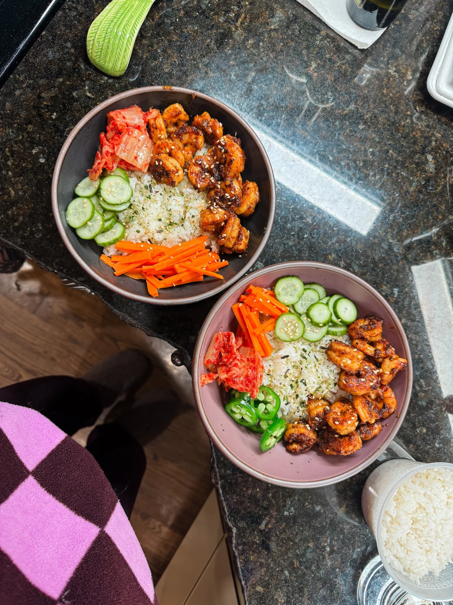  Korean shrimp bowls with kimchi and pickled carrots and cucumbers! 