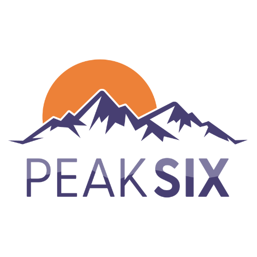 Logo with stylized mountain peaks, an orange sun, and the text "PEAK SIX".