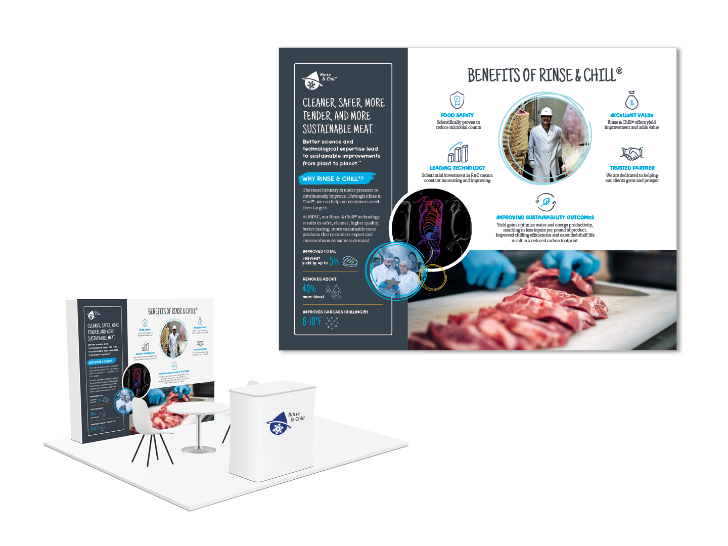 Exhibit booth displaying information about benefits of Rinse & Chill technology, with a poster, table, chairs, and a counter with the company logo.