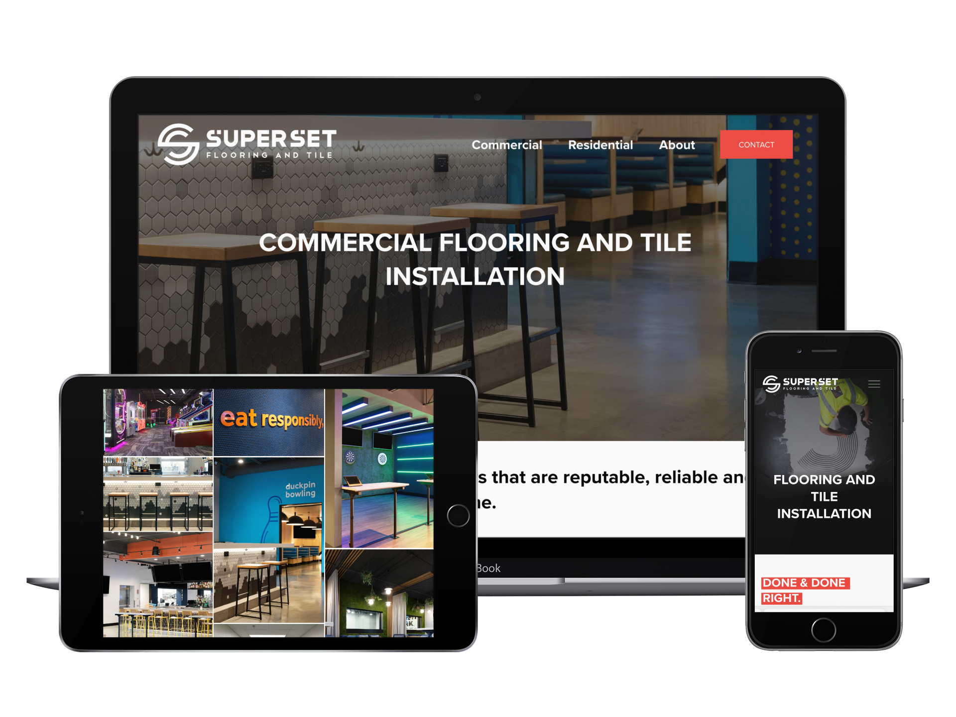 Multiple electronic devices displaying a website for Superset Flooring and Tile, including a laptop, a tablet showing an arcade with the text "eat responsibly," and a smartphone with a black and white image and the text "DONE & DONE RIGHT.".