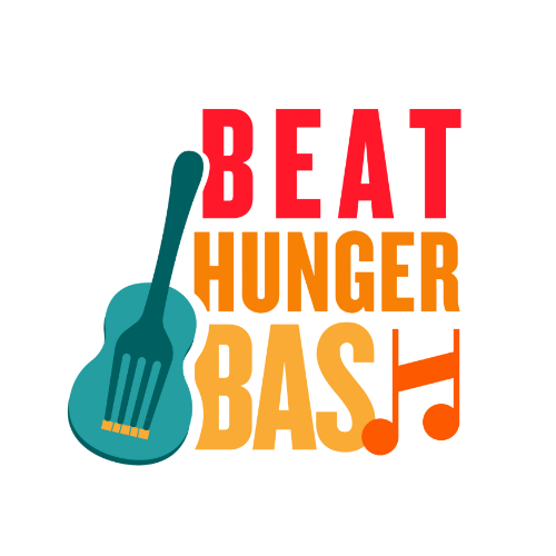 Graphic design with a guitar, the words 'BEAT HUNGER BASH' in red, orange, and yellow text, and music note icons.