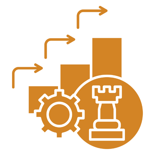 Bar graph with rising arrow, gear icon, and rook chess piece