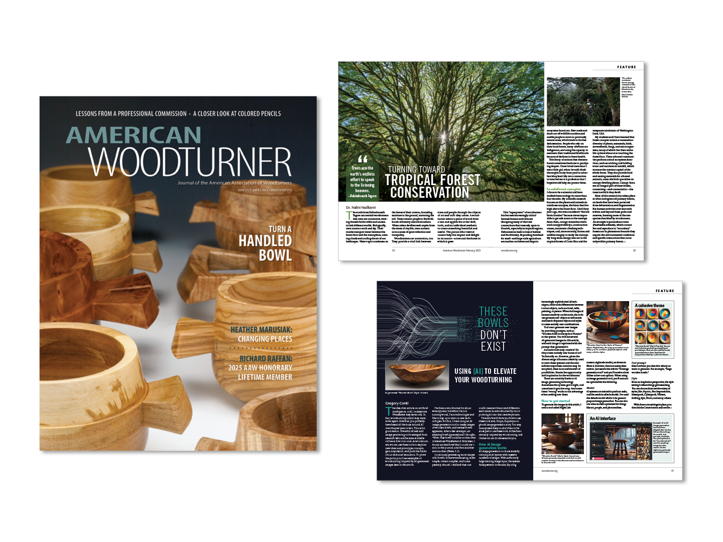 Cover of American Woodturner magazine showing wooden bowls in various shapes, with headlines about turning a handled bowl, changing places with Heather Marusiak, and honoring Richard Raffa, along with two pages featuring articles about tropical forest conservation and woodturning technology.