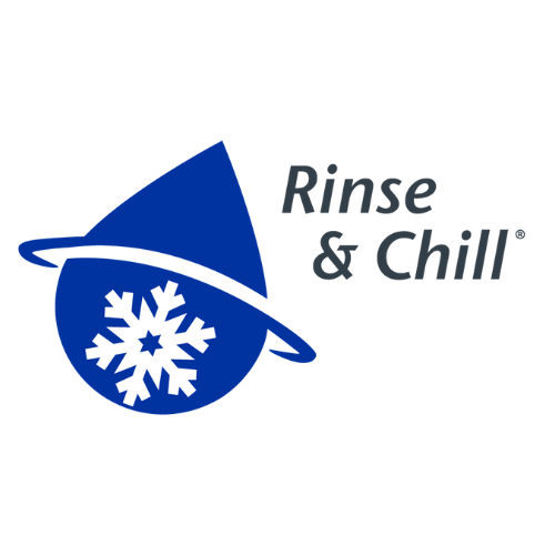 Logo with a blue water droplet, a white snowflake inside, a blue hat with a ring, and the text "Rinse & Chill".