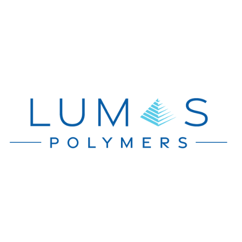 LUMOS POLYMERS logo with stylized blue pyramid in place of the letter 'O' in LUMOS.