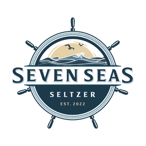 A logo for Seven Seas Seltzer featuring a ship's wheel, a sunset or sunrise with waves, seagulls, and the text "Seven Seas Seltzer Est. 2022".