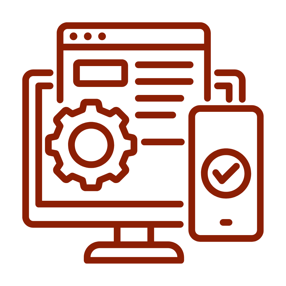 Icon of a computer monitor with a gear symbol, and a mobile phone with a checkmark, representing system settings or mobile app configuration.
