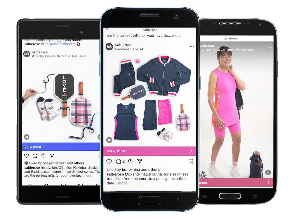 Three smartphones displaying social media posts from Saltierose featuring tennis accessories, athletic wear, and a woman in pink athletic clothing.