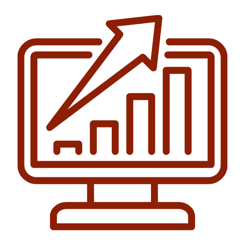 Icon of a computer monitor displaying a bar graph with an upward trending arrow.
