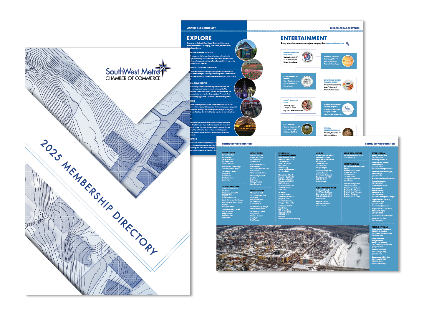 Cover of the 2025 Membership Directory for the Southwest Metro Chamber of Commerce, featuring a stylized map design and community information pages inside.