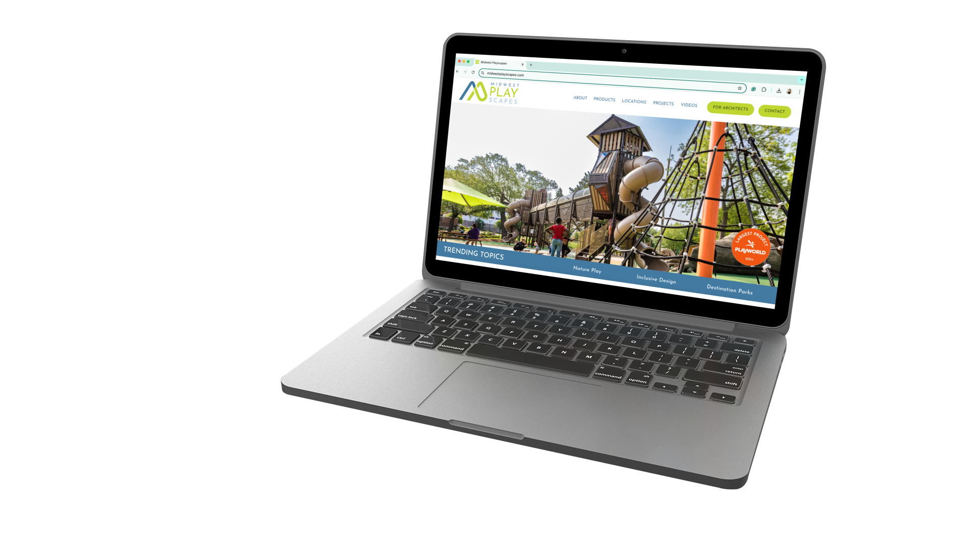 Open laptop showing a website for Midwest Play Scapes created by Plaid Moose Creative, featuring an outdoor playground with a large wooden play structure, slides, and climbing equipment.