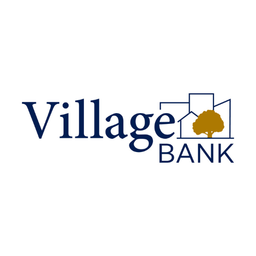 Logo for Village Bank with a tree graphic and geometric shapes.