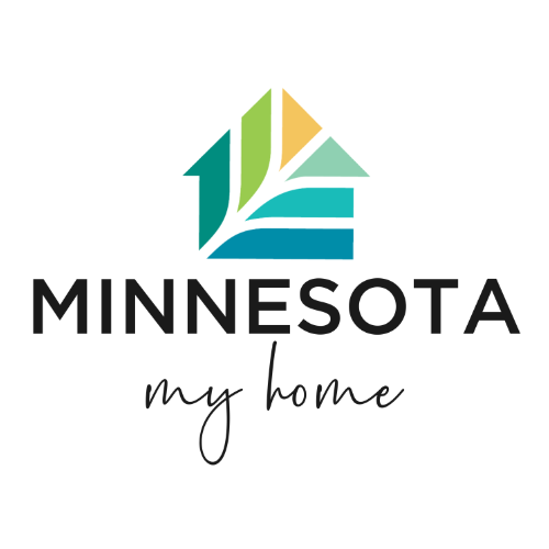 Logo for Minnesota with abstract house shape in green, yellow, and blue, and text "Minnesota my home"