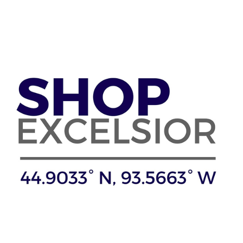 Logo with the words 'SHOP EXCELSIOR' and geographic coordinates 44.9033° N, 93.5663° W.