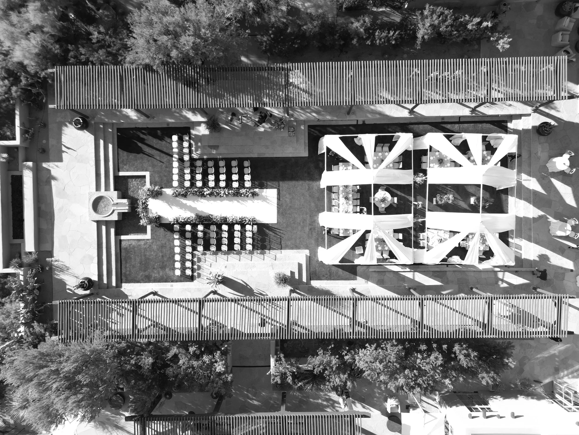 Aerial view of a tented luxury wedding ceremony and reception at Four Seasons Scottsdale, planned by Mandy Marie Events.
